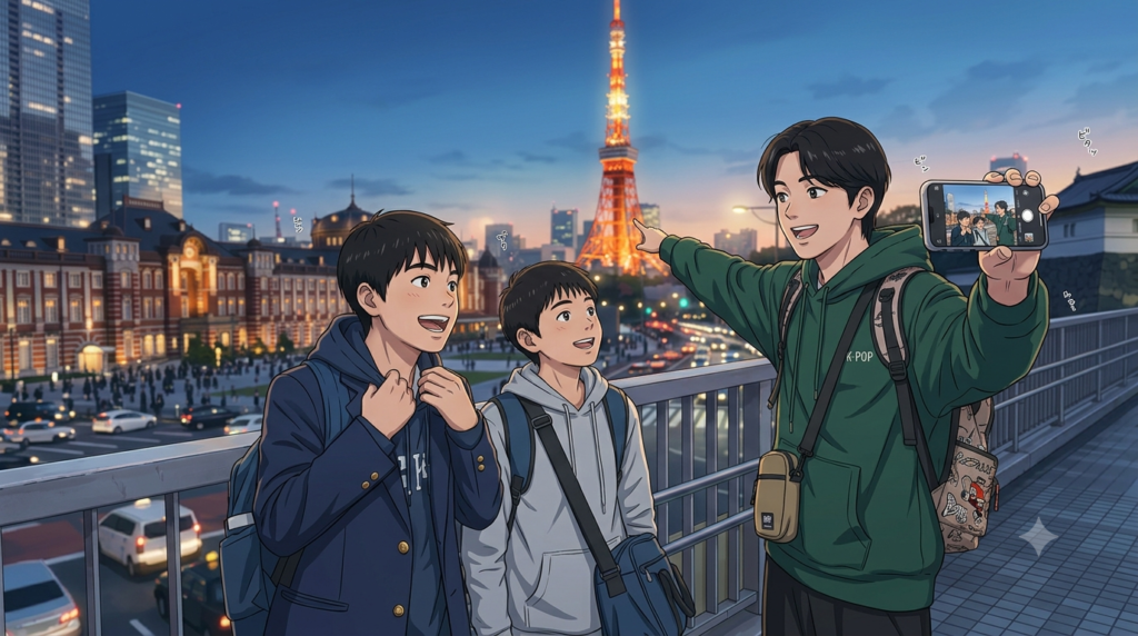 東京駅・皇居・東京タワーがある。２人の日本人中学生男子と１人の韓国人高校生男子が英語で会話をしている。