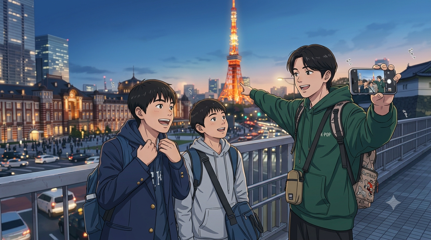 東京駅・皇居・東京タワーがある。２人の日本人中学生男子と１人の韓国人高校生男子が英語で会話をしている。