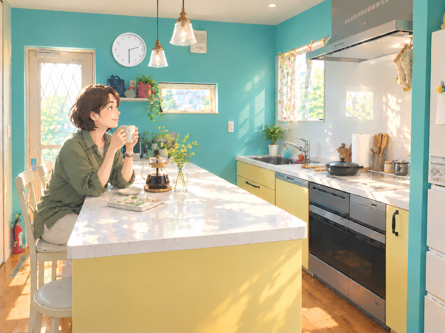 外から明るい光が差し込むキッチンとキッチンカウンターがある空間。４０代の女性が、一人、コーヒーを飲んでいる