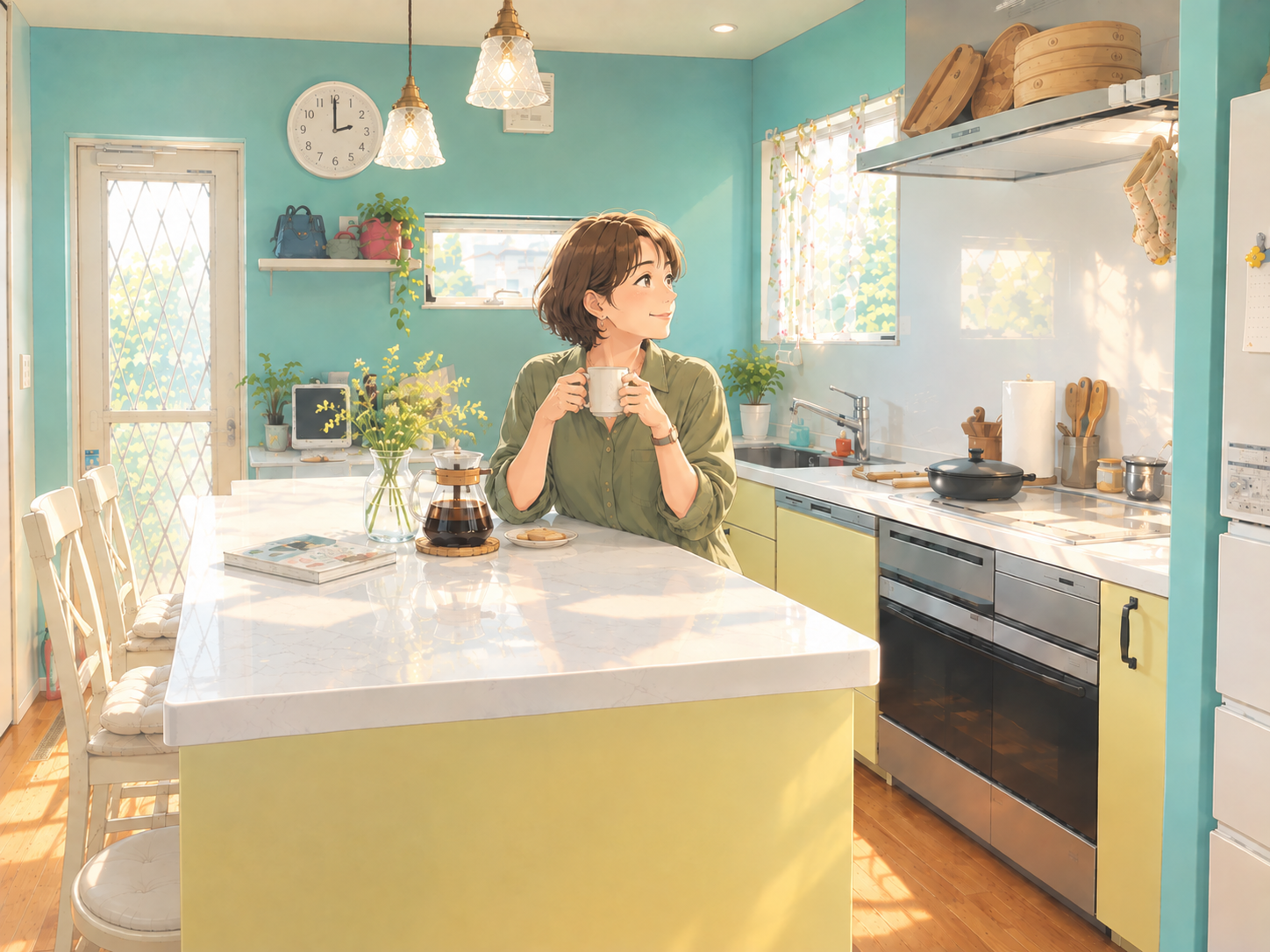明るい光が差し込むキッチン＋ダイニングスペース。午後2時、40代女性が一人、コーヒーを飲んでいる。
